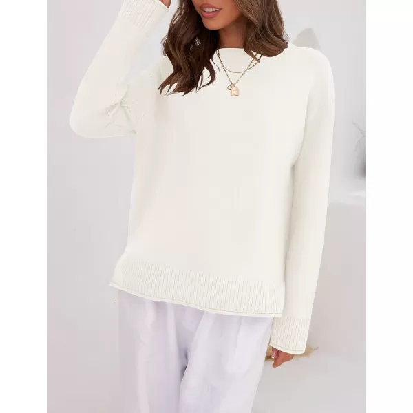imageZESICA Womens 2023 Fall Long Sleeve Crew Neck Soft Knit Side Slit Comfy Loose Pullover Sweater Jumper TopsWhite