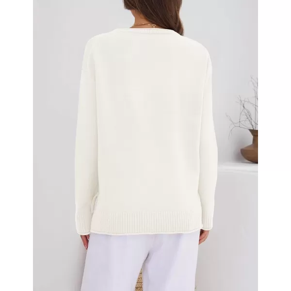 imageZESICA Womens 2023 Fall Long Sleeve Crew Neck Soft Knit Side Slit Comfy Loose Pullover Sweater Jumper TopsWhite