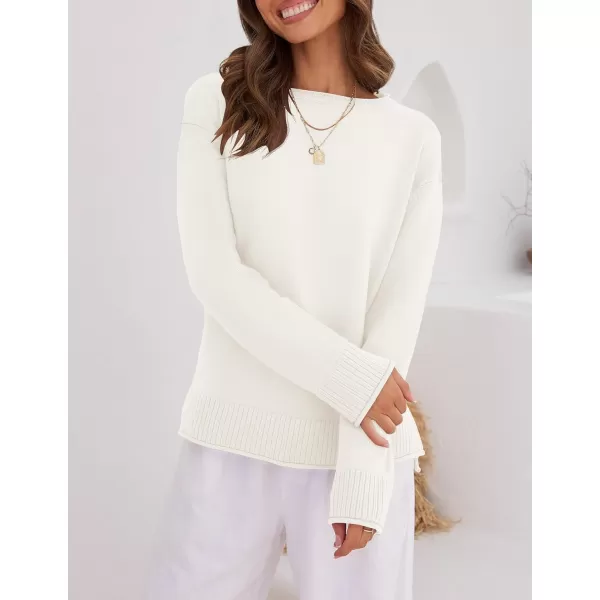 imageZESICA Womens 2023 Fall Long Sleeve Crew Neck Soft Knit Side Slit Comfy Loose Pullover Sweater Jumper TopsWhite