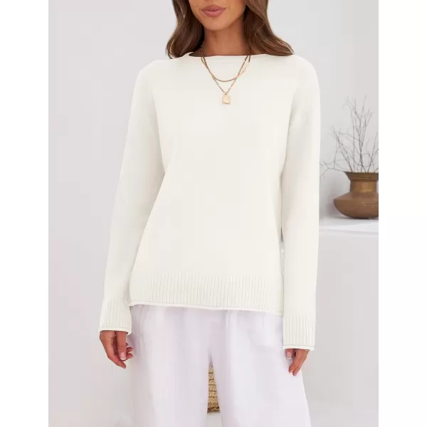 imageZESICA Womens 2023 Fall Long Sleeve Crew Neck Soft Knit Side Slit Comfy Loose Pullover Sweater Jumper TopsWhite