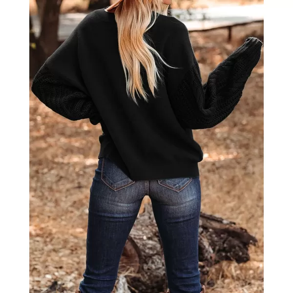 imageZESICA Womens 2023 Fall Long Sleeve Crew Neck Solid Color Cable Knit Chunky Casual Oversized Pullover Sweater TopsBlack