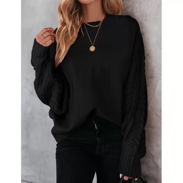imageZESICA Womens 2023 Fall Long Sleeve Crew Neck Solid Color Cable Knit Chunky Casual Oversized Pullover Sweater TopsBlack