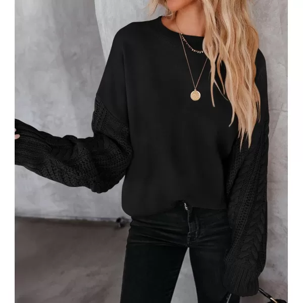 imageZESICA Womens 2023 Fall Long Sleeve Crew Neck Solid Color Cable Knit Chunky Casual Oversized Pullover Sweater TopsBlack