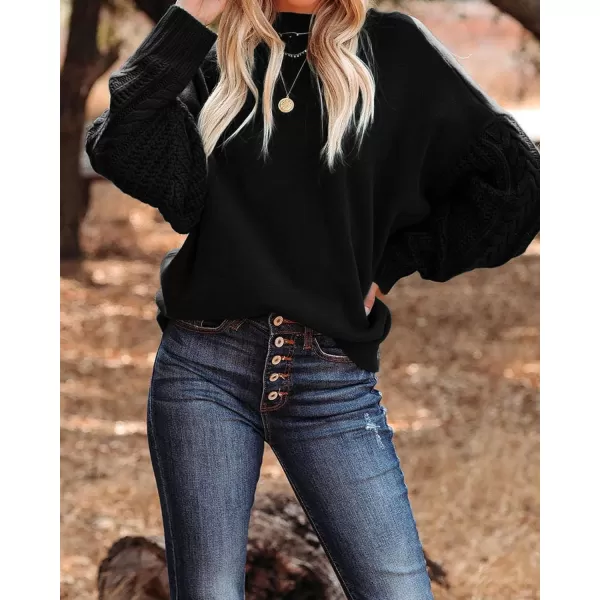 imageZESICA Womens 2023 Fall Long Sleeve Crew Neck Solid Color Cable Knit Chunky Casual Oversized Pullover Sweater TopsBlack