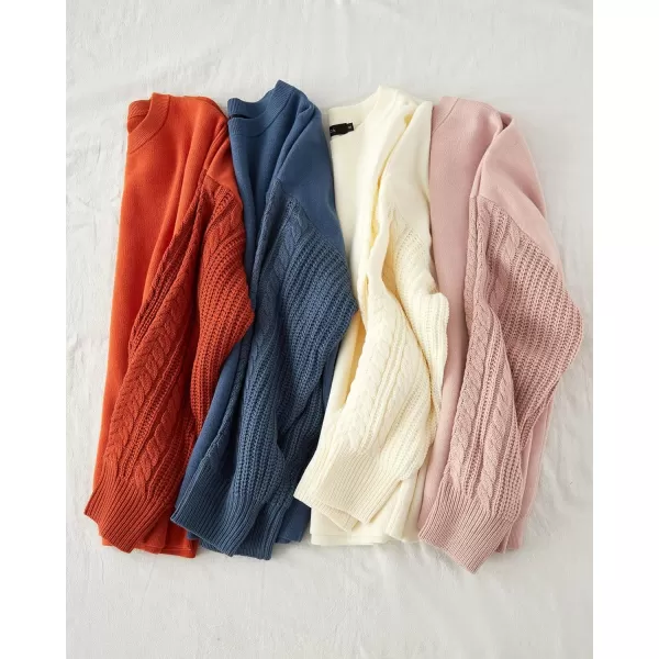 imageZESICA Womens 2023 Fall Long Sleeve Crew Neck Solid Color Cable Knit Chunky Casual Oversized Pullover Sweater TopsCamel