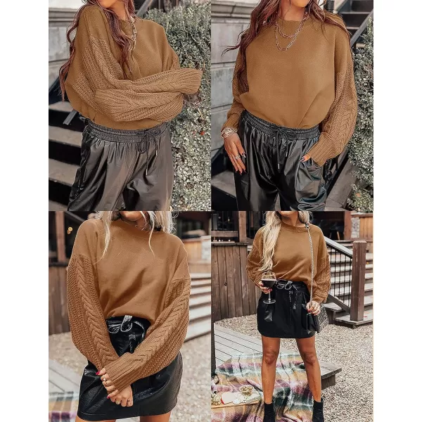 imageZESICA Womens 2023 Fall Long Sleeve Crew Neck Solid Color Cable Knit Chunky Casual Oversized Pullover Sweater TopsCamel