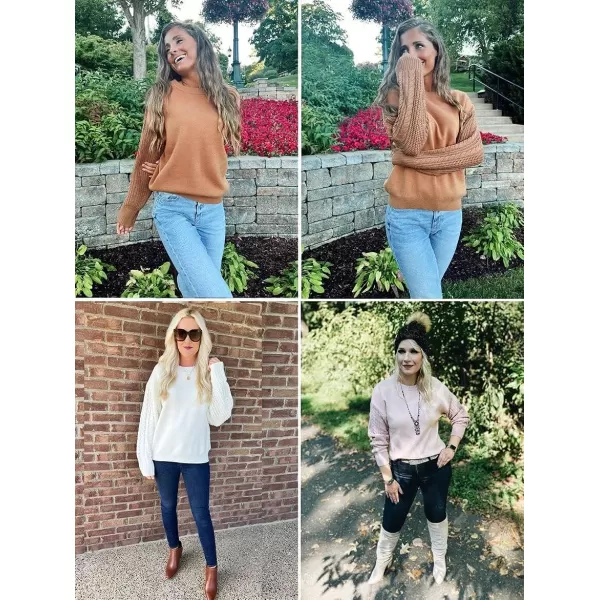 imageZESICA Womens 2023 Fall Long Sleeve Crew Neck Solid Color Cable Knit Chunky Casual Oversized Pullover Sweater TopsCamel