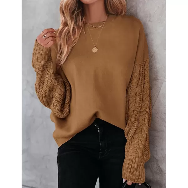 imageZESICA Womens 2023 Fall Long Sleeve Crew Neck Solid Color Cable Knit Chunky Casual Oversized Pullover Sweater TopsCamel