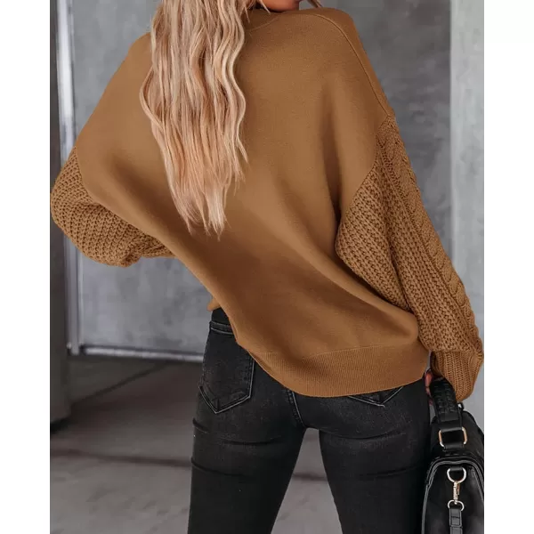 imageZESICA Womens 2023 Fall Long Sleeve Crew Neck Solid Color Cable Knit Chunky Casual Oversized Pullover Sweater TopsCamel