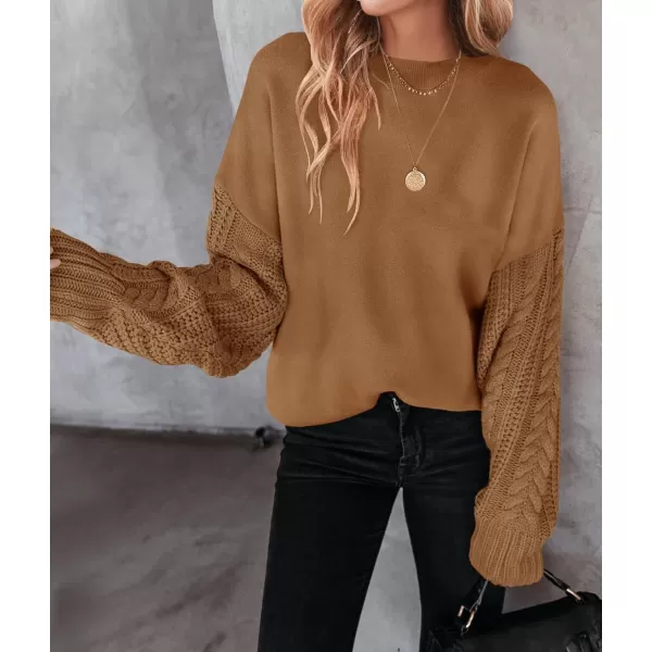 imageZESICA Womens 2023 Fall Long Sleeve Crew Neck Solid Color Cable Knit Chunky Casual Oversized Pullover Sweater TopsCamel