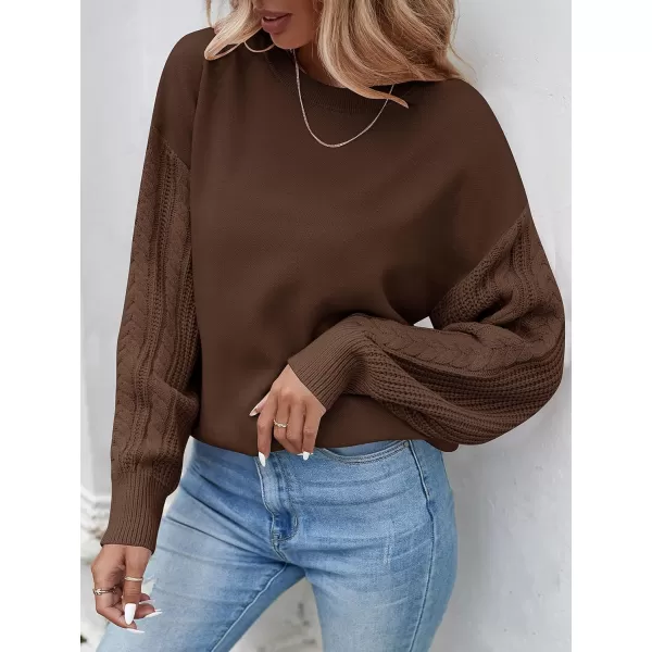 imageZESICA Womens 2023 Fall Long Sleeve Crew Neck Solid Color Cable Knit Chunky Casual Oversized Pullover Sweater TopsCoffee