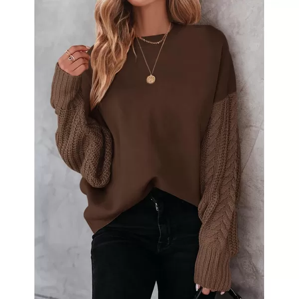 imageZESICA Womens 2023 Fall Long Sleeve Crew Neck Solid Color Cable Knit Chunky Casual Oversized Pullover Sweater TopsCoffee