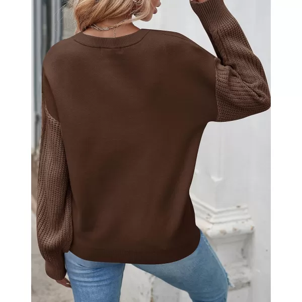 imageZESICA Womens 2023 Fall Long Sleeve Crew Neck Solid Color Cable Knit Chunky Casual Oversized Pullover Sweater TopsCoffee