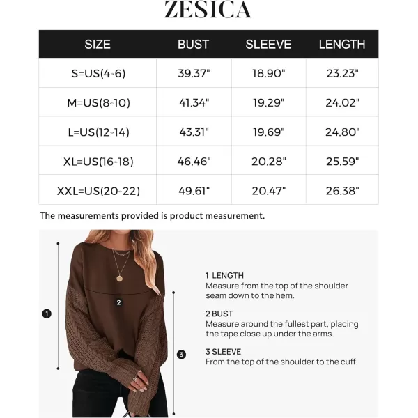imageZESICA Womens 2023 Fall Long Sleeve Crew Neck Solid Color Cable Knit Chunky Casual Oversized Pullover Sweater TopsCoffee