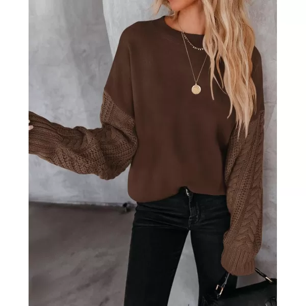imageZESICA Womens 2023 Fall Long Sleeve Crew Neck Solid Color Cable Knit Chunky Casual Oversized Pullover Sweater TopsCoffee