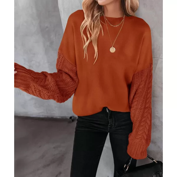 imageZESICA Womens 2023 Fall Long Sleeve Crew Neck Solid Color Cable Knit Chunky Casual Oversized Pullover Sweater TopsDeeporange