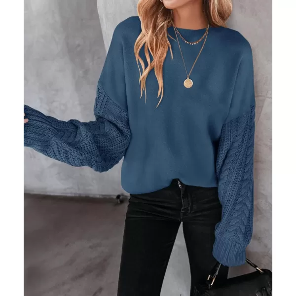 imageZESICA Womens 2023 Fall Long Sleeve Crew Neck Solid Color Cable Knit Chunky Casual Oversized Pullover Sweater TopsDustyblue