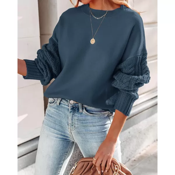 imageZESICA Womens 2023 Fall Long Sleeve Crew Neck Solid Color Cable Knit Chunky Casual Oversized Pullover Sweater TopsDustyblue