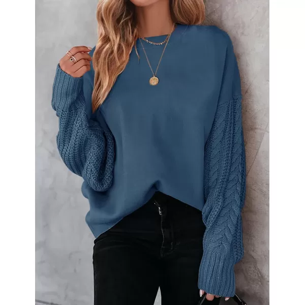 imageZESICA Womens 2023 Fall Long Sleeve Crew Neck Solid Color Cable Knit Chunky Casual Oversized Pullover Sweater TopsDustyblue