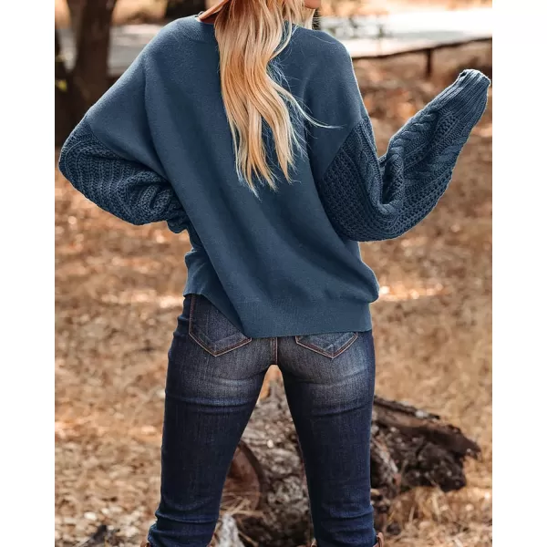 imageZESICA Womens 2023 Fall Long Sleeve Crew Neck Solid Color Cable Knit Chunky Casual Oversized Pullover Sweater TopsDustyblue