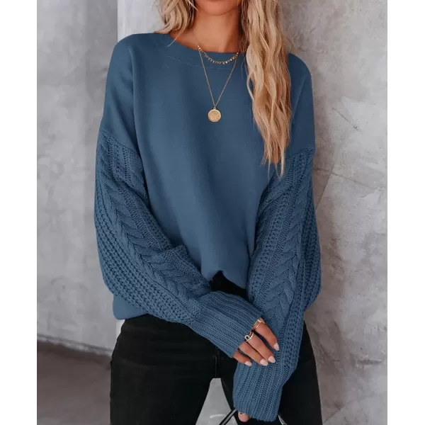 imageZESICA Womens 2023 Fall Long Sleeve Crew Neck Solid Color Cable Knit Chunky Casual Oversized Pullover Sweater TopsDustyblue