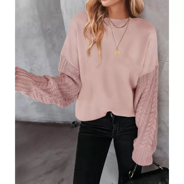 imageZESICA Womens 2023 Fall Long Sleeve Crew Neck Solid Color Cable Knit Chunky Casual Oversized Pullover Sweater TopsGreypink