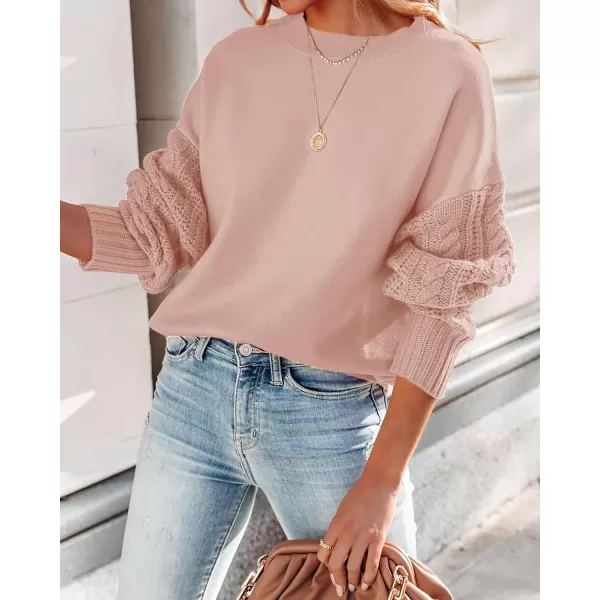 imageZESICA Womens 2023 Fall Long Sleeve Crew Neck Solid Color Cable Knit Chunky Casual Oversized Pullover Sweater TopsGreypink