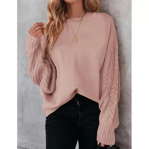imageZESICA Womens 2023 Fall Long Sleeve Crew Neck Solid Color Cable Knit Chunky Casual Oversized Pullover Sweater TopsGreypink