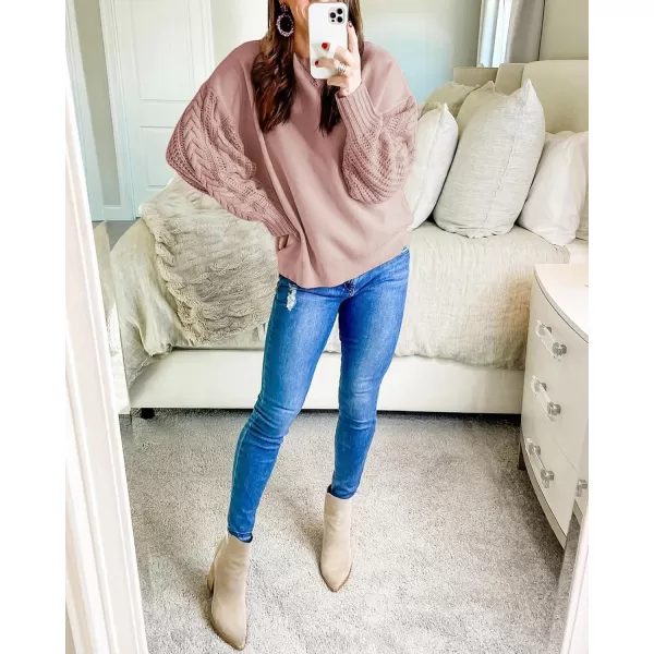imageZESICA Womens 2023 Fall Long Sleeve Crew Neck Solid Color Cable Knit Chunky Casual Oversized Pullover Sweater TopsGreypink
