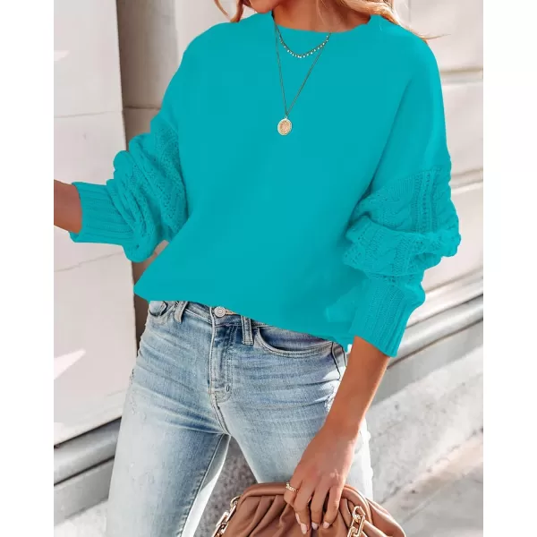 imageZESICA Womens 2023 Fall Long Sleeve Crew Neck Solid Color Cable Knit Chunky Casual Oversized Pullover Sweater TopsLakeblue