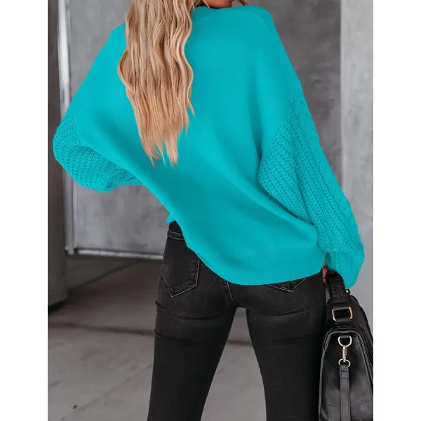 imageZESICA Womens 2023 Fall Long Sleeve Crew Neck Solid Color Cable Knit Chunky Casual Oversized Pullover Sweater TopsLakeblue