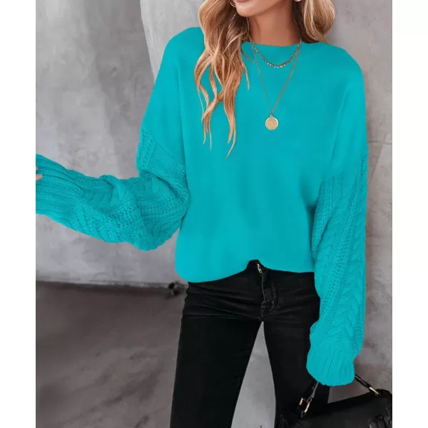 imageZESICA Womens 2023 Fall Long Sleeve Crew Neck Solid Color Cable Knit Chunky Casual Oversized Pullover Sweater TopsLakeblue