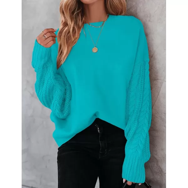 imageZESICA Womens 2023 Fall Long Sleeve Crew Neck Solid Color Cable Knit Chunky Casual Oversized Pullover Sweater TopsLakeblue