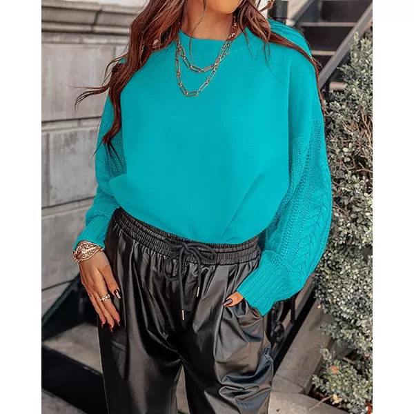 imageZESICA Womens 2023 Fall Long Sleeve Crew Neck Solid Color Cable Knit Chunky Casual Oversized Pullover Sweater TopsLakeblue