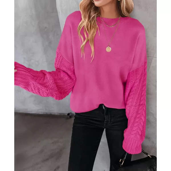 imageZESICA Womens 2023 Fall Long Sleeve Crew Neck Solid Color Cable Knit Chunky Casual Oversized Pullover Sweater TopsRose