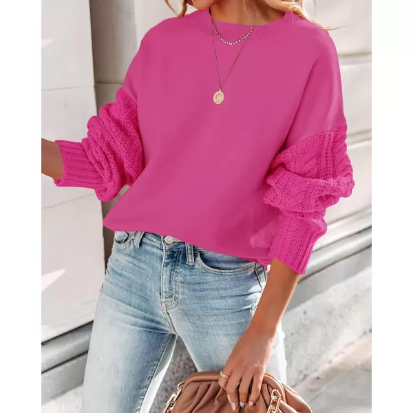 imageZESICA Womens 2023 Fall Long Sleeve Crew Neck Solid Color Cable Knit Chunky Casual Oversized Pullover Sweater TopsRose