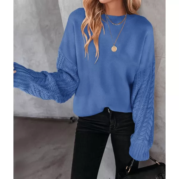 imageZESICA Womens 2023 Fall Long Sleeve Crew Neck Solid Color Cable Knit Chunky Casual Oversized Pullover Sweater TopsRoyalblue