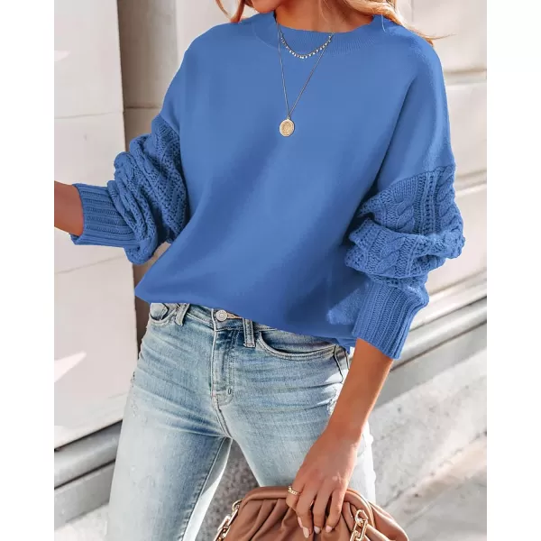 imageZESICA Womens 2023 Fall Long Sleeve Crew Neck Solid Color Cable Knit Chunky Casual Oversized Pullover Sweater TopsRoyalblue