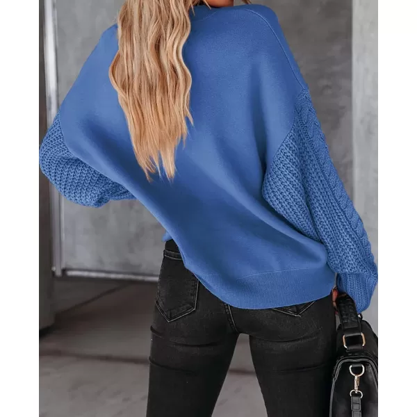 imageZESICA Womens 2023 Fall Long Sleeve Crew Neck Solid Color Cable Knit Chunky Casual Oversized Pullover Sweater TopsRoyalblue