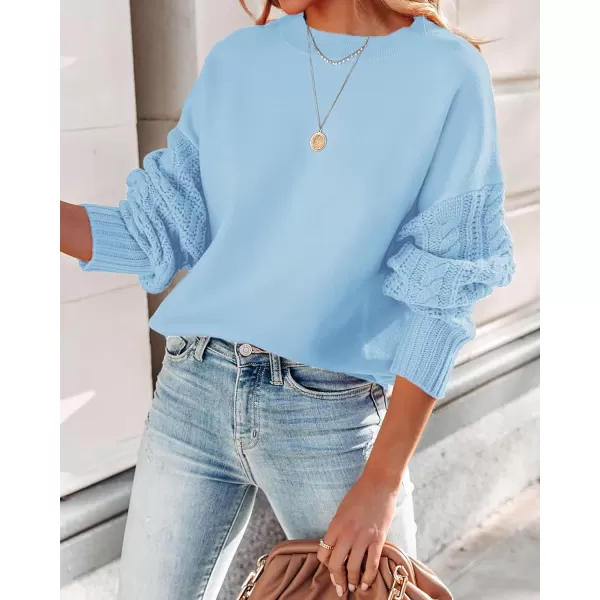 imageZESICA Womens 2023 Fall Long Sleeve Crew Neck Solid Color Cable Knit Chunky Casual Oversized Pullover Sweater TopsSkyblue