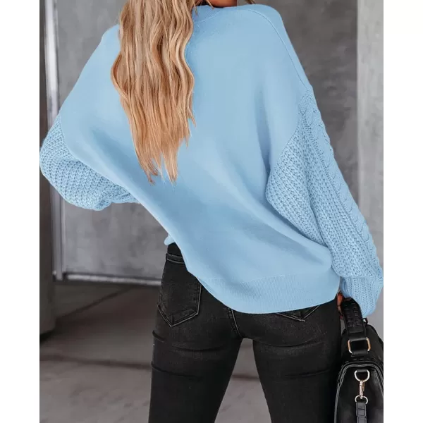 imageZESICA Womens 2023 Fall Long Sleeve Crew Neck Solid Color Cable Knit Chunky Casual Oversized Pullover Sweater TopsSkyblue
