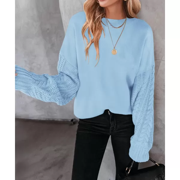 imageZESICA Womens 2023 Fall Long Sleeve Crew Neck Solid Color Cable Knit Chunky Casual Oversized Pullover Sweater TopsSkyblue
