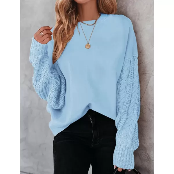 imageZESICA Womens 2023 Fall Long Sleeve Crew Neck Solid Color Cable Knit Chunky Casual Oversized Pullover Sweater TopsSkyblue