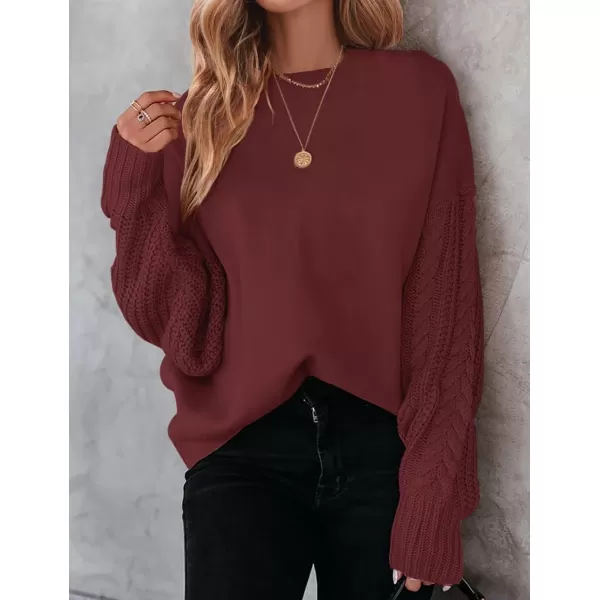 imageZESICA Womens 2023 Fall Long Sleeve Crew Neck Solid Color Cable Knit Chunky Casual Oversized Pullover Sweater TopsWine