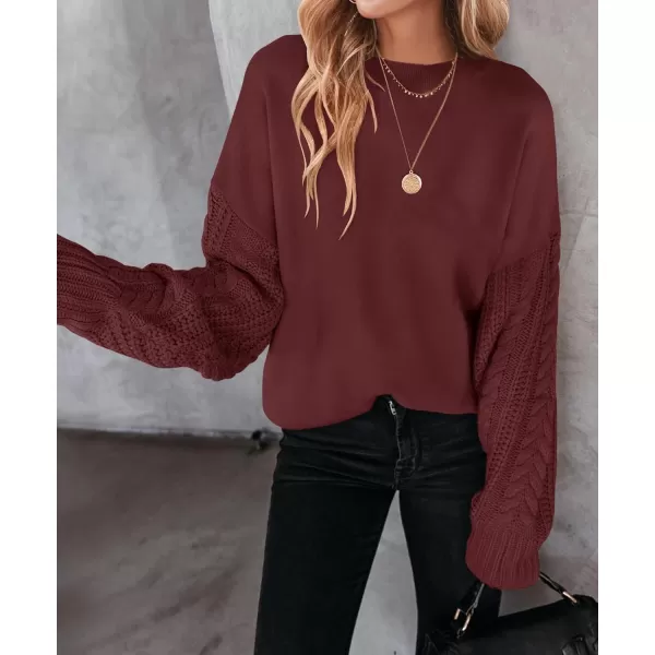 imageZESICA Womens 2023 Fall Long Sleeve Crew Neck Solid Color Cable Knit Chunky Casual Oversized Pullover Sweater TopsWine