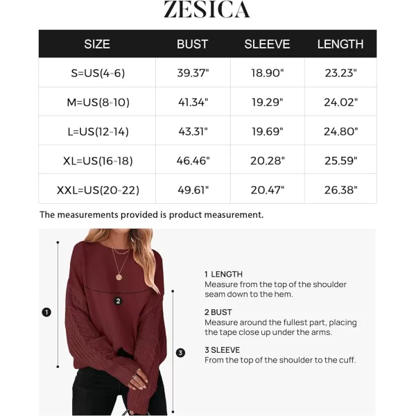 imageZESICA Womens 2023 Fall Long Sleeve Crew Neck Solid Color Cable Knit Chunky Casual Oversized Pullover Sweater TopsWine