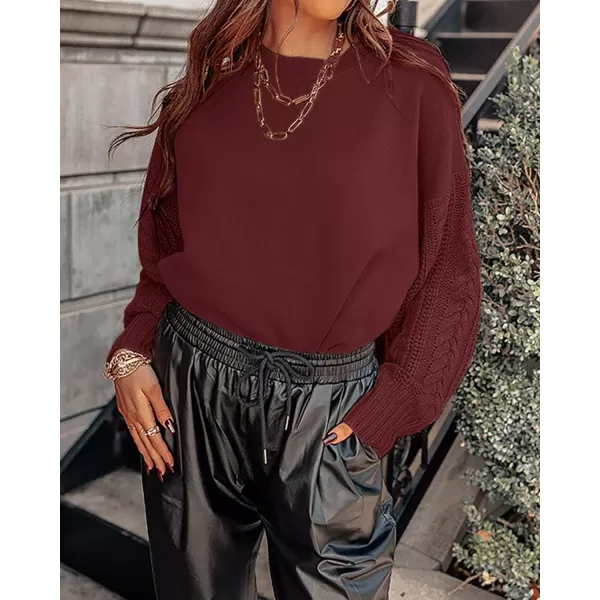 imageZESICA Womens 2023 Fall Long Sleeve Crew Neck Solid Color Cable Knit Chunky Casual Oversized Pullover Sweater TopsWine