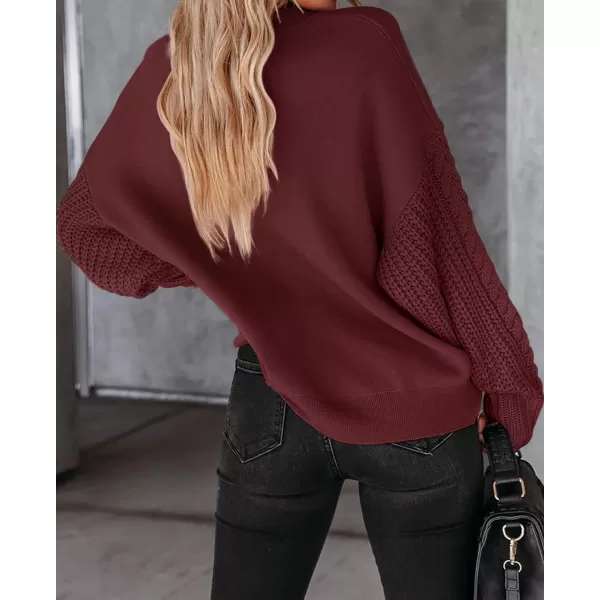 imageZESICA Womens 2023 Fall Long Sleeve Crew Neck Solid Color Cable Knit Chunky Casual Oversized Pullover Sweater TopsWine