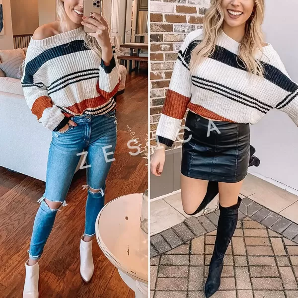 imageZESICA Womens 2023 Fall Long Sleeve Crew Neck Striped Color Block Casual Loose Knitted Pullover Sweater TopsBlack