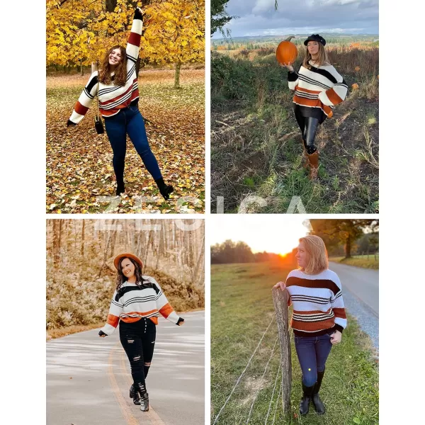 imageZESICA Womens 2023 Fall Long Sleeve Crew Neck Striped Color Block Casual Loose Knitted Pullover Sweater TopsBlack